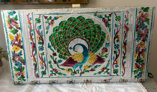 Spectacular Rectangular Silver Wooden Peacock Meenakari Jewellery Box, 1