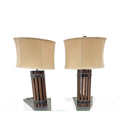 60s Table Lamps Pair Mid Century McM Rustic Slats Drum Shades Linen Se 1