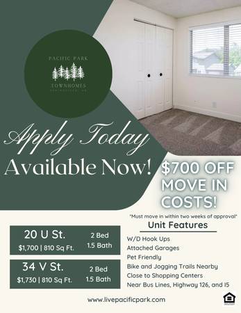 Convenient location! $700 off move in costs!  2 bed, 1.5 bath 1