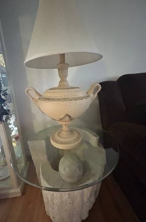 Neoclassical table lamp & stone pedestal table 1