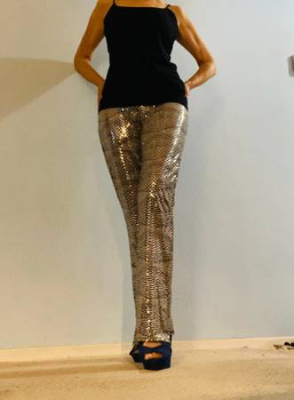 Women's "Misdemeanor" Designer Silver Metallic Sequin Pants 1