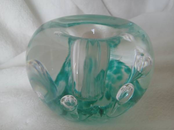 Controlled Bubble Art Glass Paperweight/Candle Holder Green/Clear 4"x3 1