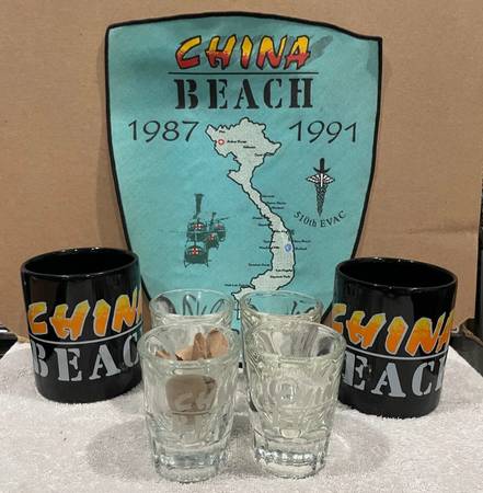 CHINA BEACH MEMORABILIA COFFE CUPS, SHOT GLASSES & PATCH (RARE PROMO I 1