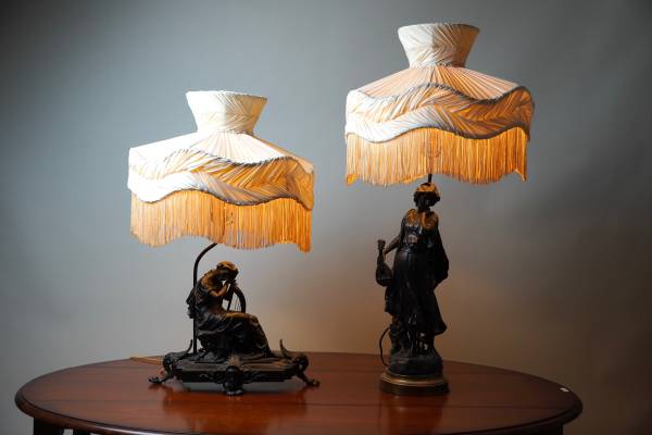 Vintage Pair of Art Nouveau Bronze Finish Figural Lamps c. 1920 1