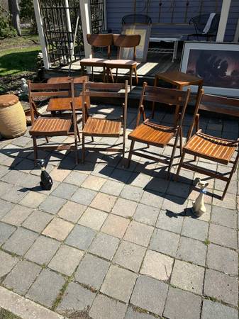 (4) mid century vintage solid wood folding chairs Made in Romania A197 1