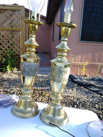 Pr Circa'70 JPN Brass table Lamps in the Style of JMont w/Shades 1