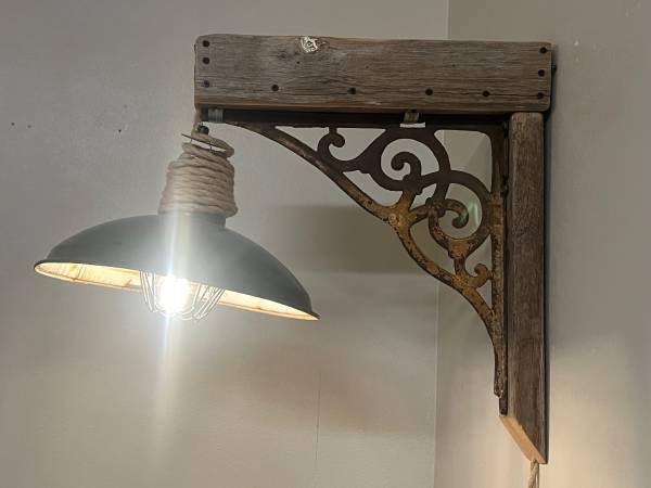 Rustic Industrial Wall Sconce Reclaimed Wood and Cast Iron Bracket 1