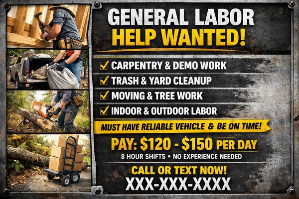 General Labor Help Needed – Indoor & Outdoor Work (Augusta / Grovetown 1