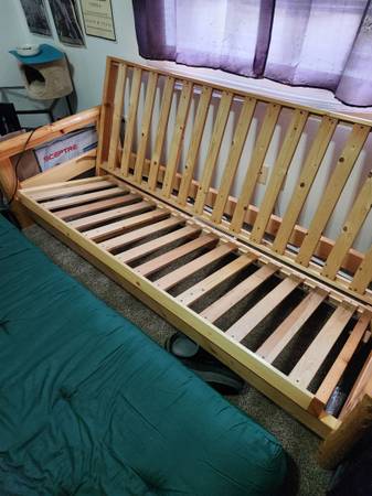 Solid Wood Futon Frame w/ Mattress & Green Cover – Heavy Duty 1