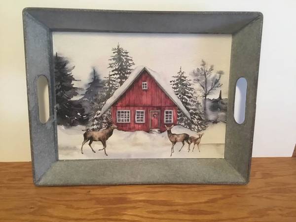 Rustic Farmhouse Galvanized Metal Serving Tray - Winter Cabin & Deer D 1