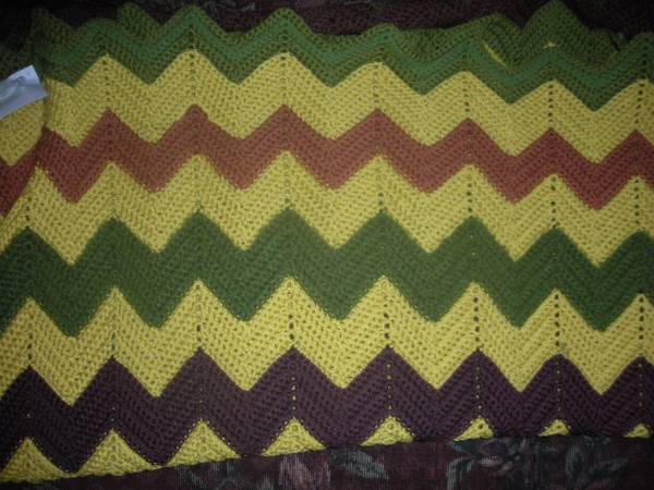 hand crafted afghan --extra long--green/yellow/browns 1