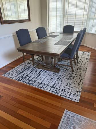 Solid Wood Trestle Dining Table & 6 Chairs Set- Like New 1