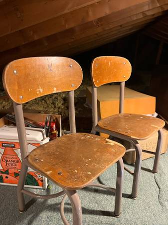 small childs school desk chair    metal and wood heavy 1