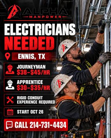 Journeyman & Apprentice Electricians Needed -Ennis Industrial Project 1