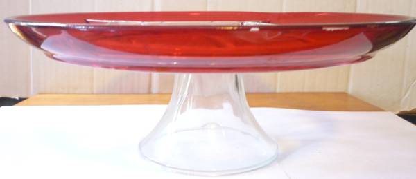 Vintage ruby-flashed and clear pressed glass pedestal cake stand 1