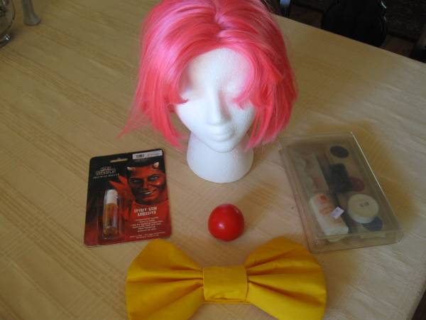 Clown Items - Pink Wig, Yellow Bow Tie, Red Nose, Makeup 1