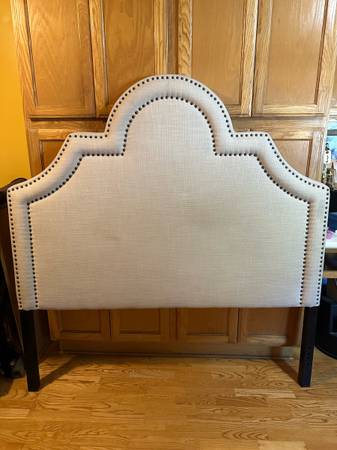 Contemporary Upholstered Beige Queen Headboard with Nailhead Trim and Frame 1