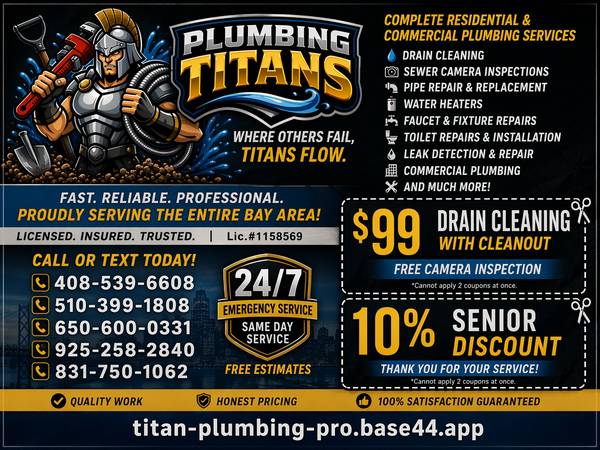 Milpitas Plumber - Plumbing & Sewer - $99 Drain Cleaning Deal! 1
