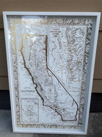 Framed "County Map of California" Wall Art, Gold & White Vintage-Style 1