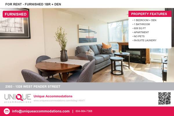 (UniqueAccommodations.com) ID:4647 Furnished 1 Bdrm & den Coal Harbour 1
