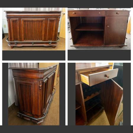 Home Bar w Metal Footrail, Wine Bottle Rack, 2 Drawers. Cherry Free Standing Bar 1