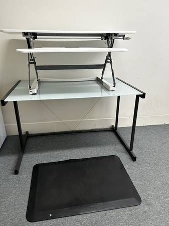 Crate & Barrel Graphite Desk w/ Flexispot Standing Desk Converter 1