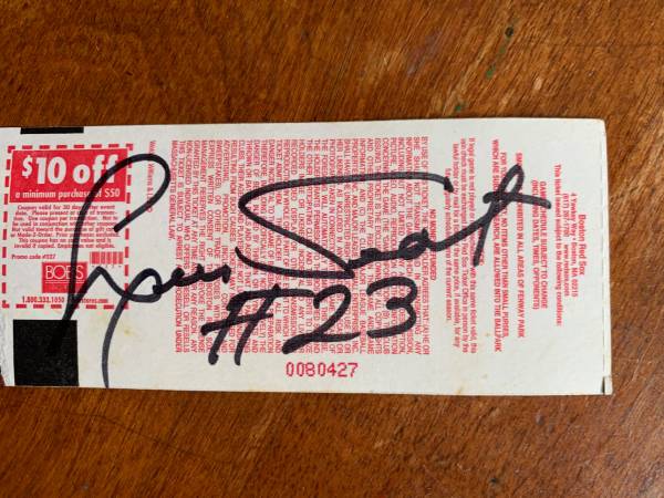 LOUIS TIANT AUTOGRAPHED BOSTON RED SOX TICKET-NOMAR-OAKLAND A'S-2003 1