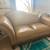 Classic Tan Leather Loveseat with Ornate Wood Details 2 thumbnail