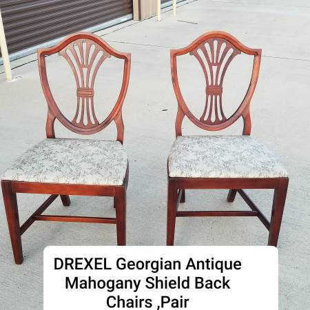 Pair  DREXEL  Early 20th Century Antique Mahogany Shield Back Chairs 1
