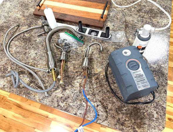 USED Delta Pulldown Faucet, Instant Hot Water Dispenser w/ Filter, and Soap Cont 1