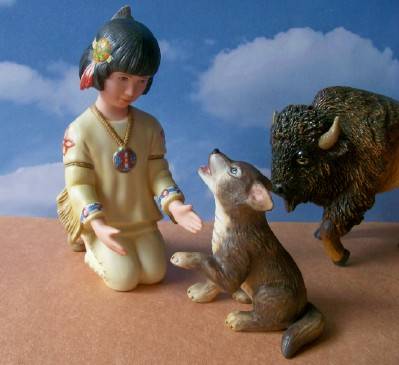 Lenox Porcelain Native American Girl with Wolf Cub Figurines. 1