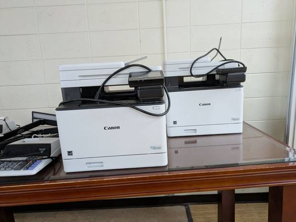 Printers, monitors, adding machines, Shredders, draft table & lights 1