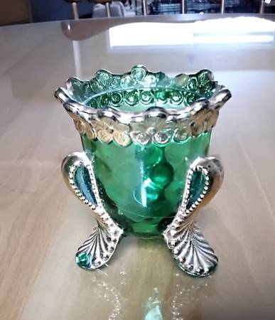 Antique EAPG Emerald Green Gold Gilded Toothpick Holder, US Glass Co. 1