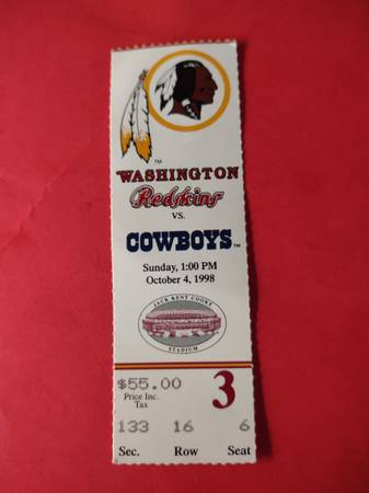 Redskins 10 vs Cowboys 31 / Oct 4, 1998 / Ticket Stub / Cooke Stadium 1
