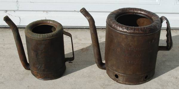 2 VTG Embossed Swing Spout Oil Cans 5 Quart, 1/2 Gallon, 2 can spouts 1