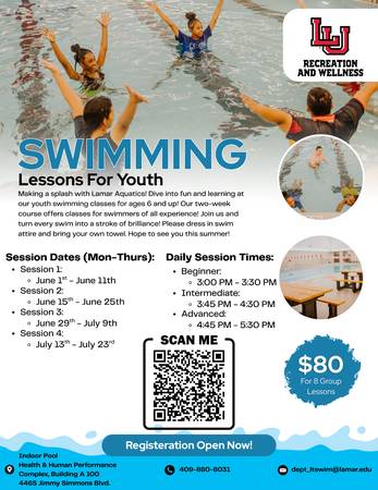 Kids Swimming Lessons – $80 – Limited Spots (Lamar University) 1