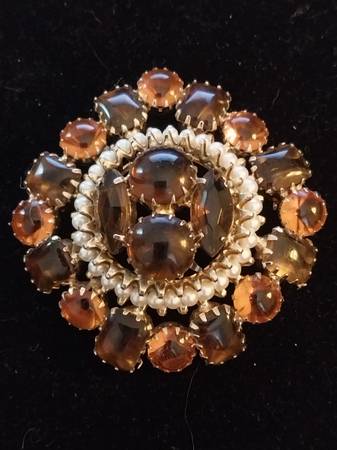 Large Amber and Faux Pearl Brooch 1
