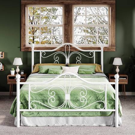 Queen Size Platform Bed Frame, Butterfly Pattern Design, White Wrought Iron-Art  1
