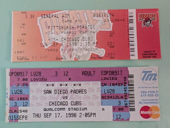 MLB Chicago Cubs - 4 Mint Sept 1998 Tickets re: Sosa's HR Chase / Race 1