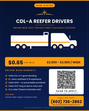 CDL-A REEFER DRIVERS - $0.65/MILE - BRAND NEW 2027 CASCADIAS 1