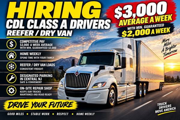 $3000 average a week, weekly home  CDL class A 1