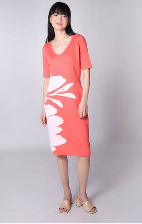 NEW V-Neck Sweater Dress Coral Flower Blossom Graphic Nina Leonard XL 1