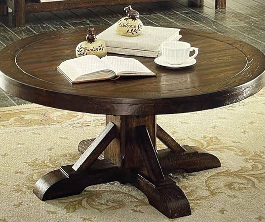 Gettysburg Round Cocktail Table-NEW- Complete, Dark Distressed - 1475- 1