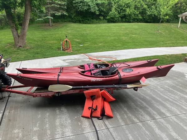 2 OldTown 13' Kayaks with paddles and life jackets 1