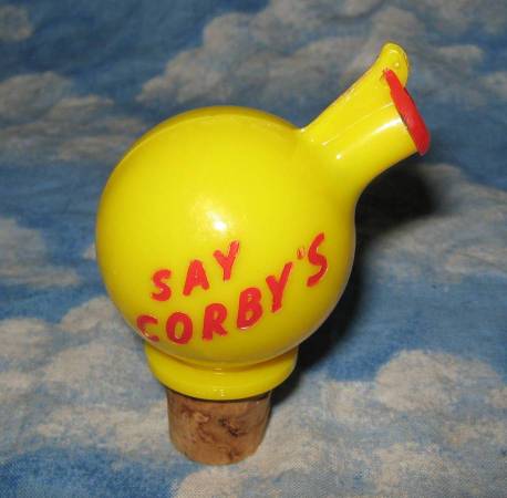 VINTAGE BAR ADVERTISING "SAY CORBY'S" BOTTLE LIQUOR POURER STOPPER 1