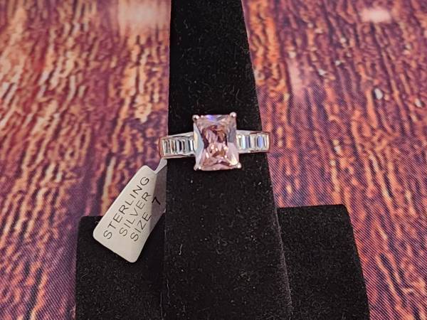 Sterling Pink Emerald Cut w Baguettes CZ Ring Size 7 & 8 1