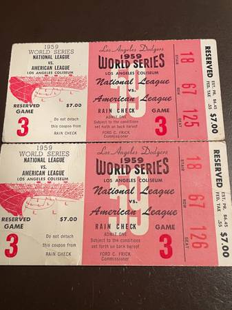 Vintage 1959 World Series Reserved Ticket stubs 1