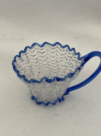 Vintage Hand Spun Blown Art Glass Blue & Clear Miniature Tea Cup 1