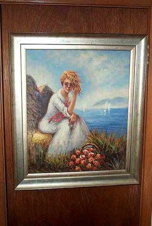 Oil PAINTING Distressed Woman By The Sea with Boats Chinese ART Framed 1