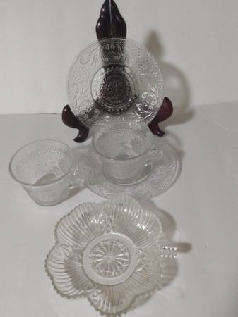 2 SETS DEPRESSION GLASS CUPS AND SAUCERS AND CANDY DISH 1